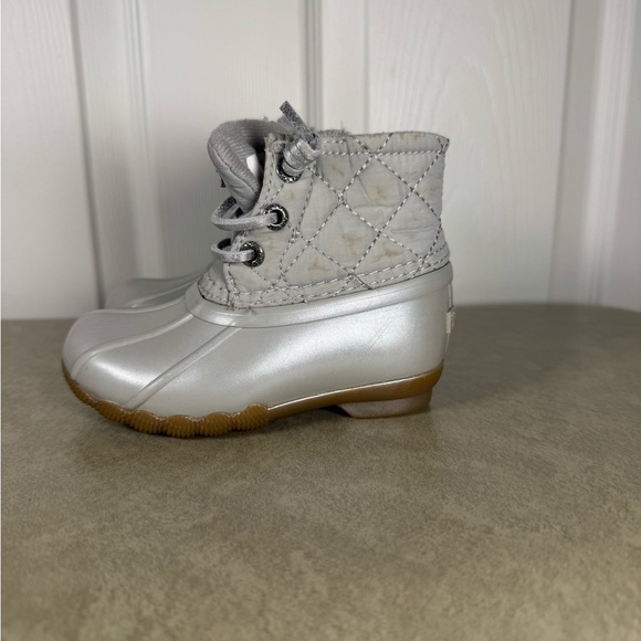 Sperry Silver Saltwater Duck Rain Boots Toddler Lace Up Metallic Size 6m - Picture 3 of 8
